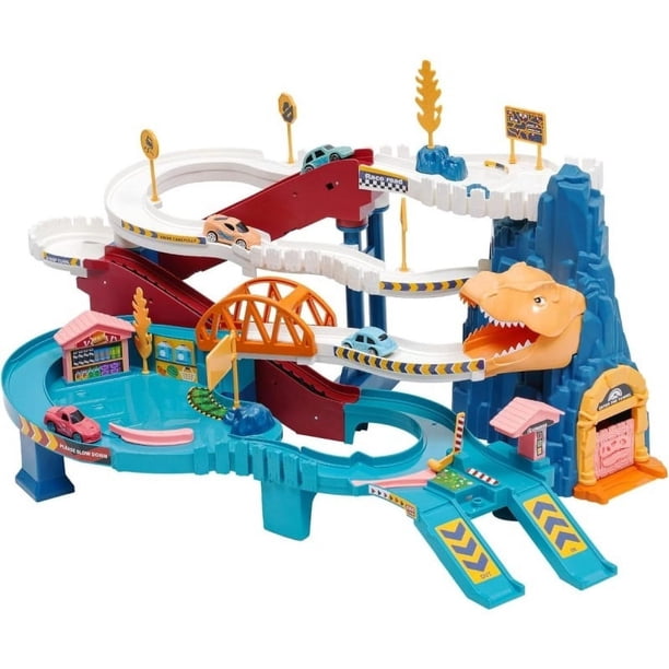 Juguetes de pista de carreras para niños, coche de aventura, juguete, dinosaurio, escalada, colinas, vagón con 4 coches, vehículos coloridos, juego de construcción