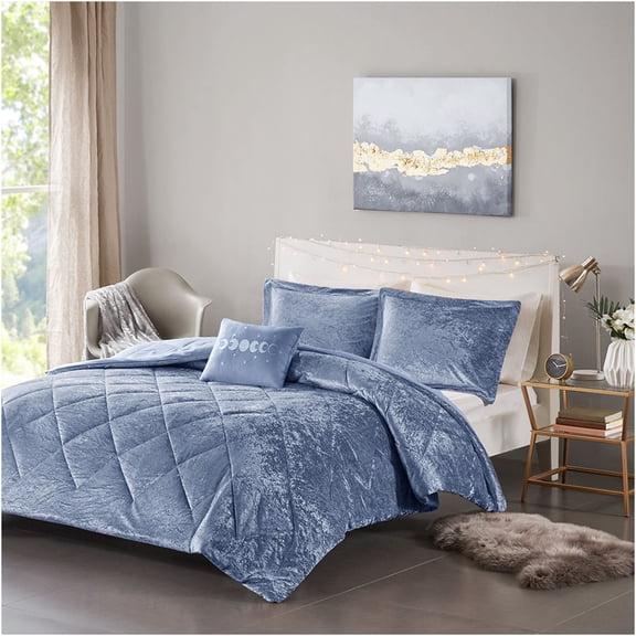JERFIT King Size Blue Velvet Comforter Set with Pillow Sham & Throw Pillow, Diamond Quilted Luxury Bedding Set, Hypoallergenic & Wrinkle Resistant