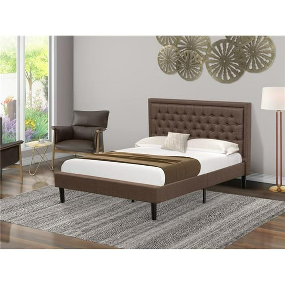 Kendall Platform Queen Size Bed Frame - Brown Linen Fabric Upholestered Bed Headboard with Button Tufted Trim Design - Black Legs