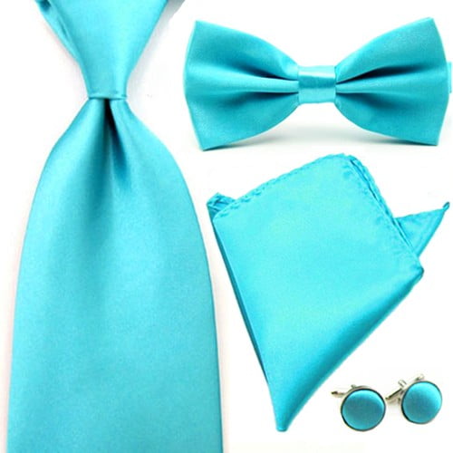 Men Satin Bowtie Wide Neck Tie Handkerchief Hanky Pocket Square Cuff Link Set