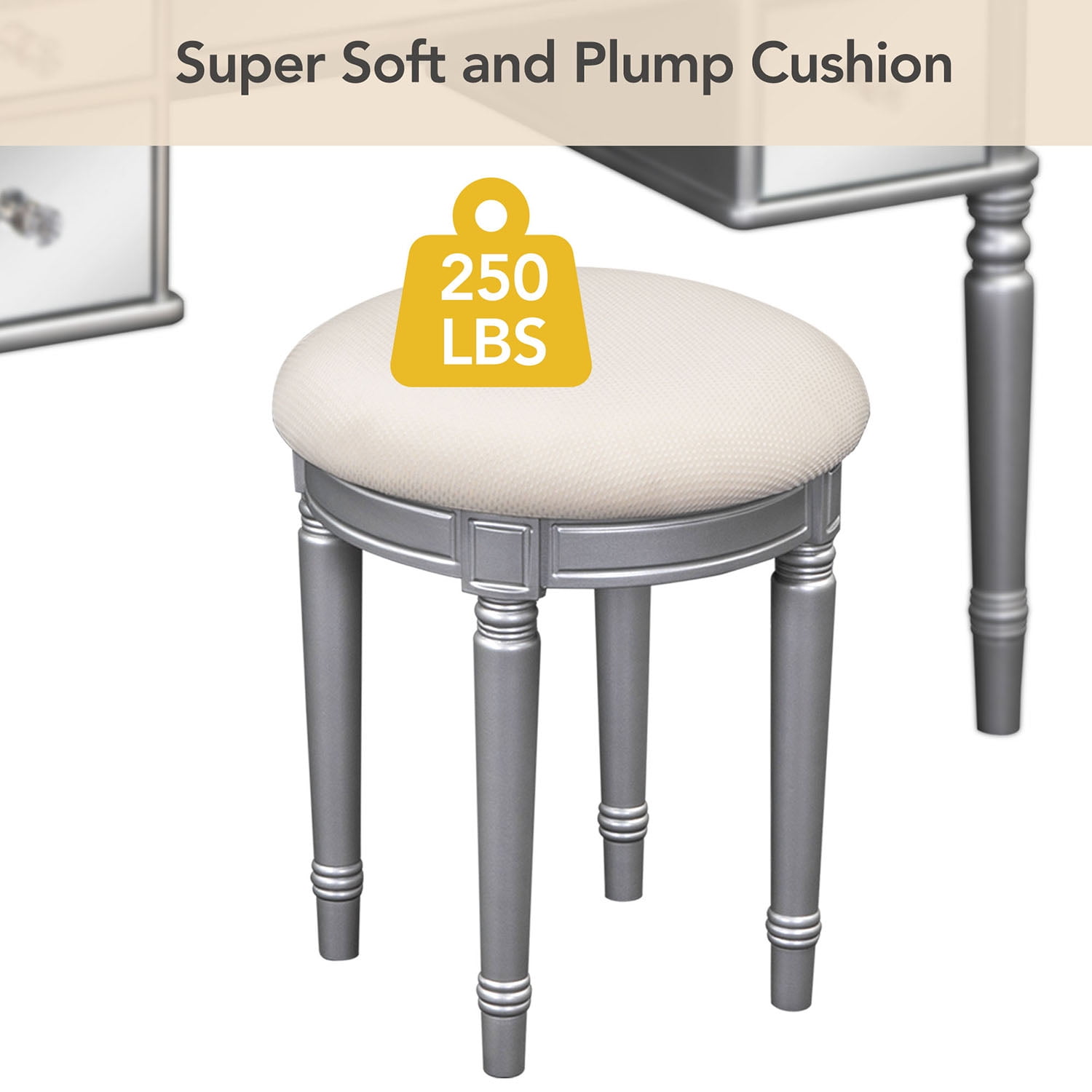 Resenkos 43" Dressing Table Set with Mirrored Drawers and Stool, Tri-fold Mirror, Makeup Vanity Set for Bedroom, Silver Resenkos 43" Dressing Table Set with Mirrored Drawers and Stool, Tri-fold Mirror, Makeup Vanity Set for Bedroom, Silver