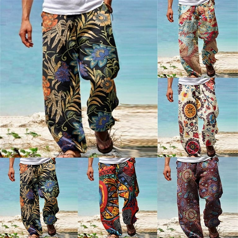 Mens Casual Baggy Harem Pants Elastic Waist Beach Loose Wide Leg Hippy Trousers