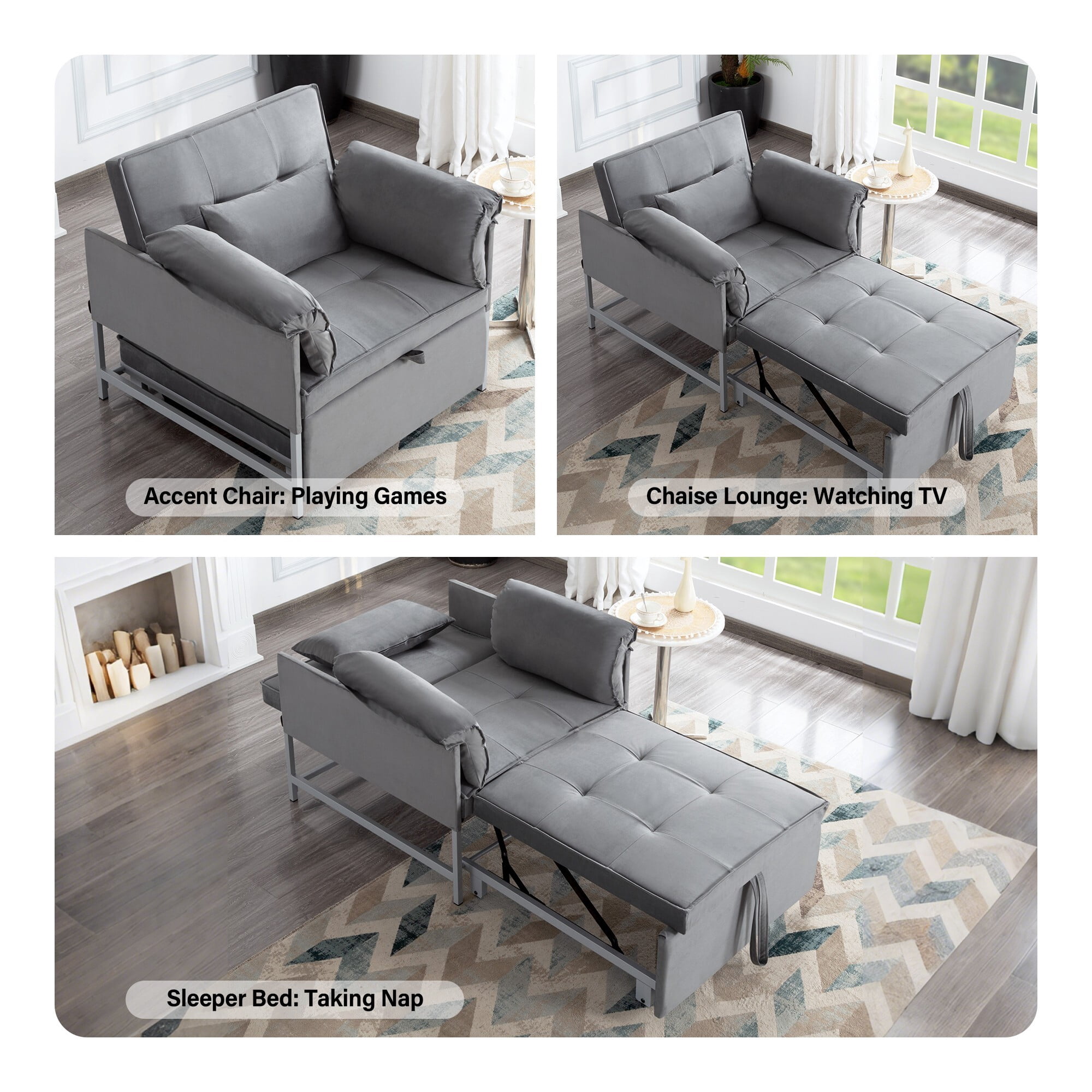 AENKYO 3-in-1 Convertible Sleeper Chair Bed with Adjustable Backrest, Velvet Chaise Lounge Sofa for Small Spaces, Gray