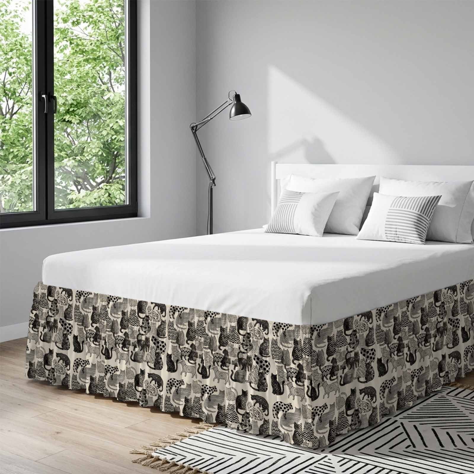 Bed Skirt Abstract Cat Vintage Adjustable Elastic Wrap-Around Dust Ruffle with Geometric Wave Dot Line Cat Memphis Art 18 Inch Drop, Bed Frame Cover for King Size Bed