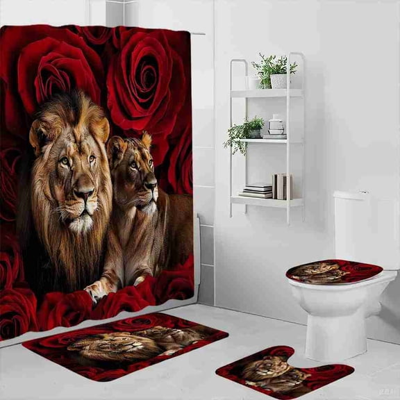 Lion and Red Rose Floral 4-Piece Shower Curtain Set with Bath Mats and Toilet Lid Cover for Bathroom Decor