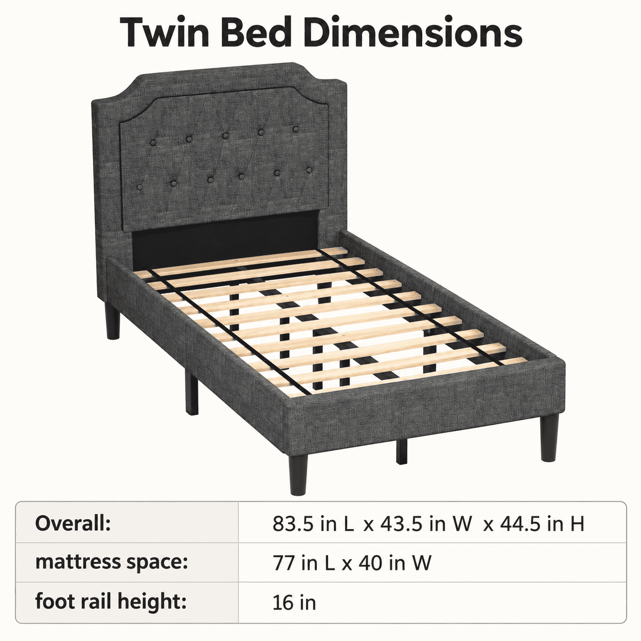 Furnibear Twin Bed Frame, Linen Upholstered Platform Bed Frame with Button Tufted Headboard and Wood Slat Support for Bedroom, Gray