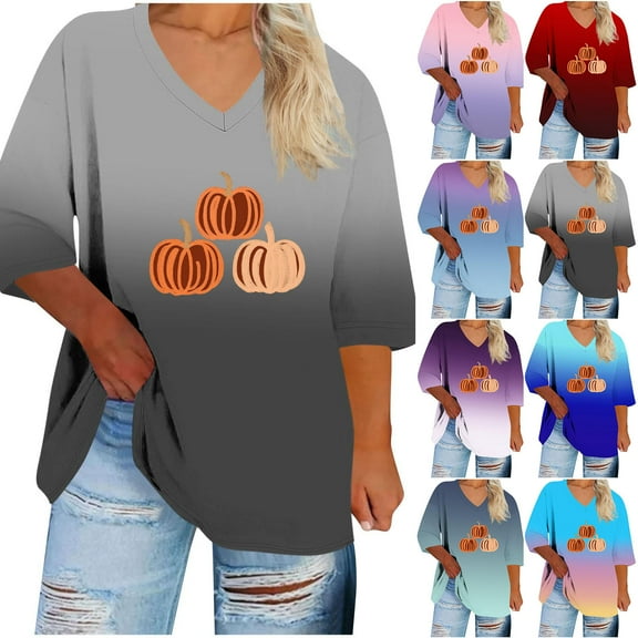 TKLPEHG Womens Plus Size Thanksgiving Shirts for Women Fall Fashion V Neck Pumpkin T-Shirt Casual Loose Short Sleeve Shirts (Black,L)