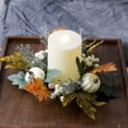 thumbnail image 5 of Fall Thanksgiving Halloween Candle Ring Wreath, Artificial Maple Leaf Blue Dahlia White Pumpkin Berry Candle Holder Garland, Harvest Table Centerpiece Decor for Indoor Outdoor Halloween Decorations, 5 of 8