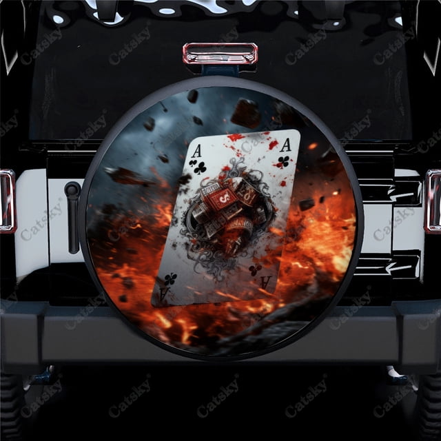 Burning Card Flaming Ace Polyester Universal Spare Wheel Tire Cover Custom Tire-Covers for Trailer RV SUV Truck Camper