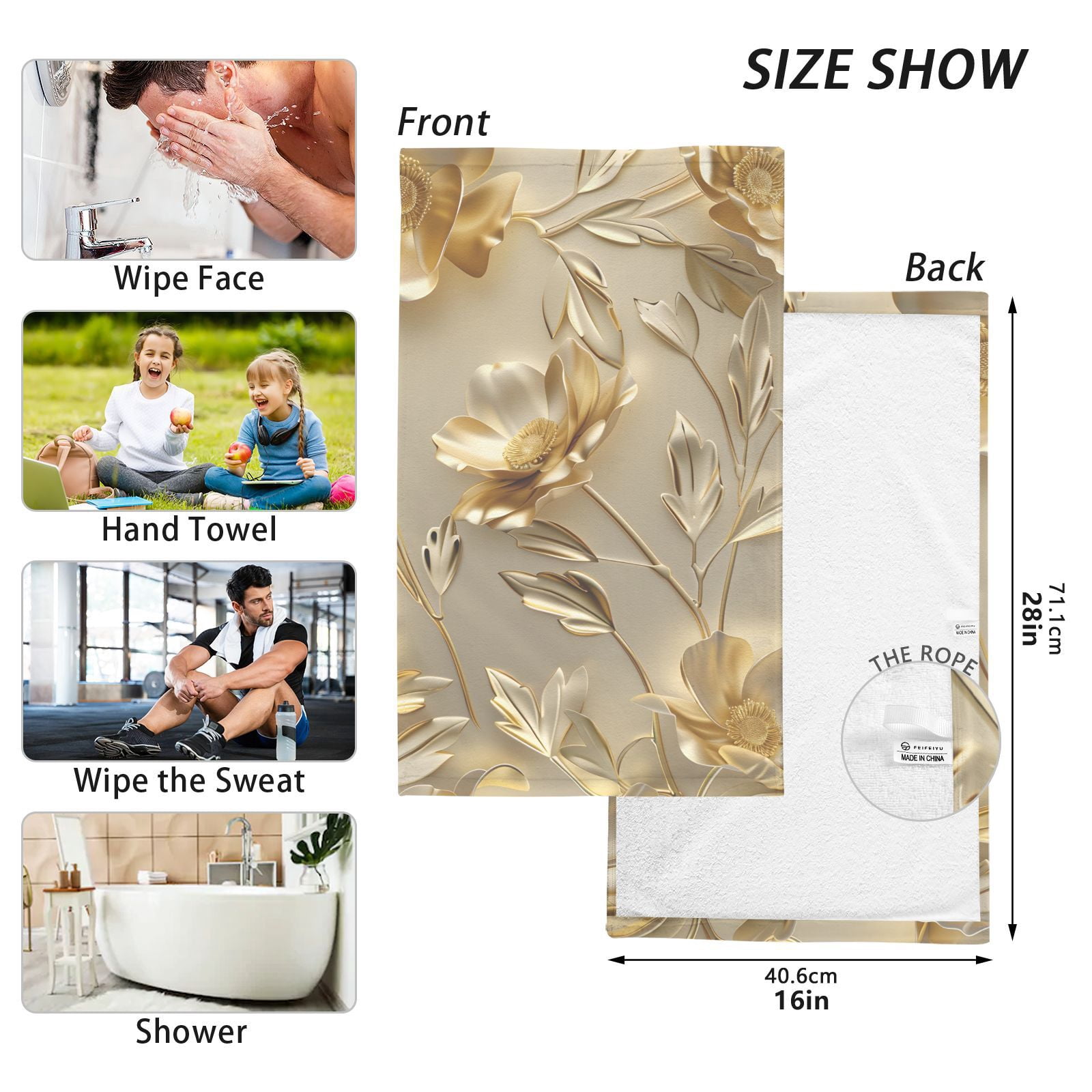 Gold Flowers and Leaves Hand Towel Bath Towels Face Towels Cotton Absorbent for Home Hotel Spa Swimming Yoga Sports Decorative Towel Set of 2