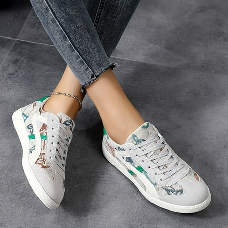 

SHZHRG Fashionable Women‘s Printed Low Top Lace Up Flat Sneakers for Casual and Comfortable Walking Stylish Sport Shoes