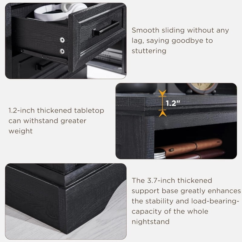 Kelno 18" Nightstand with Charging Station Farmhouse Wooden End Table with 2 Drawers USB TypeC Outlets，Black