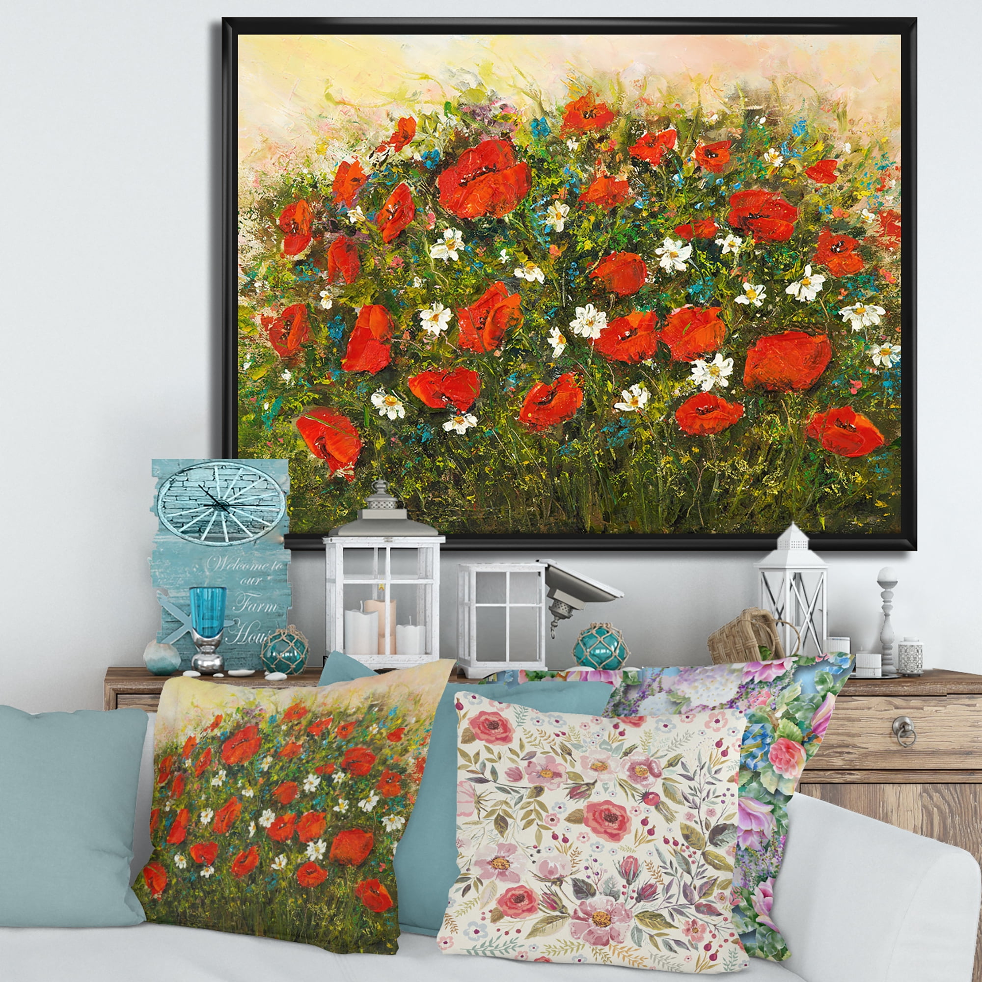 Designart 'The Fields of Red Wildflowers' Traditional Framed Canvas Wall Art Print