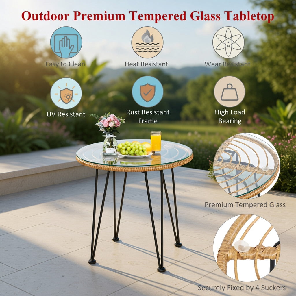 Hommoo 3-Piece Rattan Outdoor Furniture Set, 2 Cushioned Chairs + Tempered Glass Coffee Table, Weather-Resistant, Indoor/Outdoor Use, Red