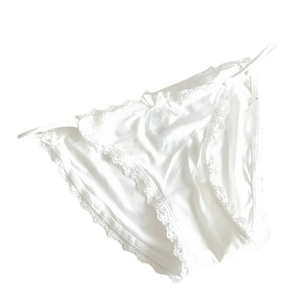 

JFY Women Thong Lace Edge Ice Silk Low Waist Stretchy Panties Solid Color Seamless Bow G-string Briefs Underwear
