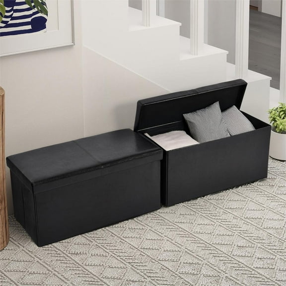 Homy Casa 2 Pack Foldable Storage Bench, Faux Leather Ottoman Seat with Hidden Compartment, Black