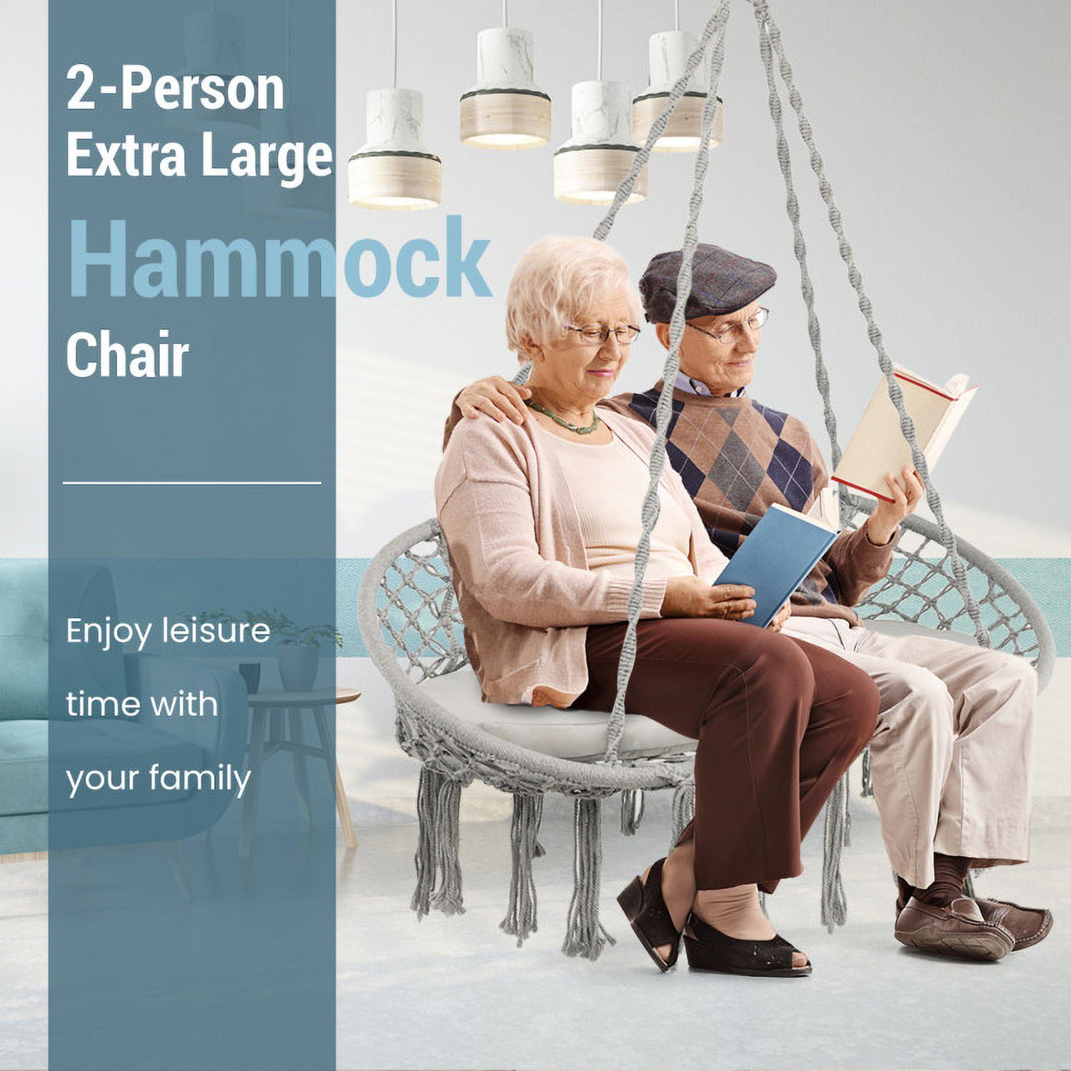 Aimee Lii 2 Person Hanging Hammock Chair with Cushion Macrame Swing, Patio Swing Chair, Gray