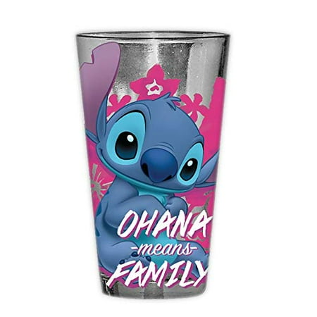 Silver Buffalo Lilo and Stitch Ohana Means Family Pint Glass with Gift Box, 16-Ounce, blue and pink