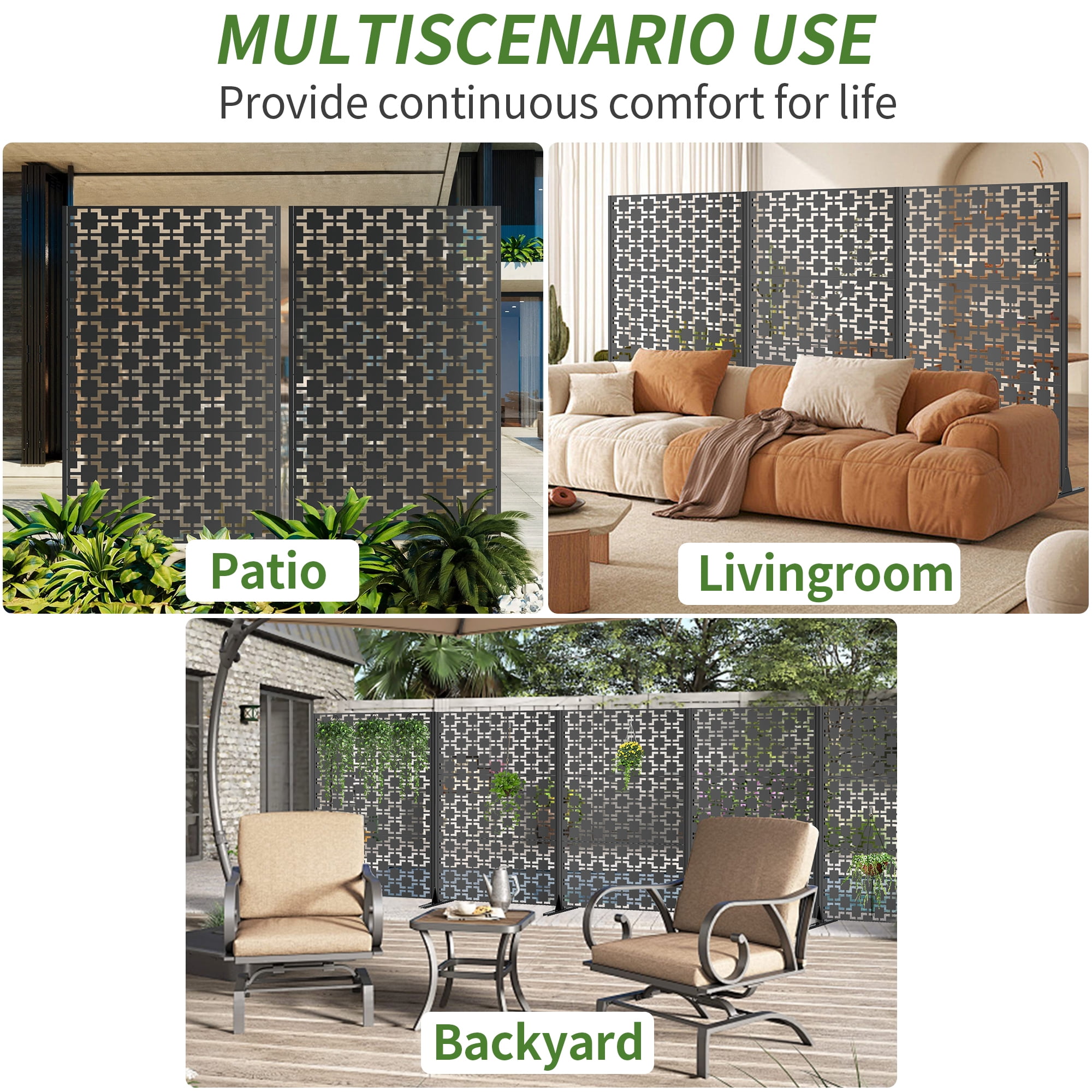 Outdoor Privacy Screen, 72x46 Inch Freestanding Metal Fence for Garden Backyard Patio Decor, Black
