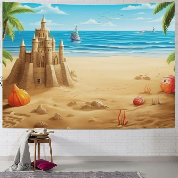 BCIIG Summer Beach Tapestry Coconut Tree Sand Castle Funny Crabs Seaside Wall Hanging for Kids Vacation Aloha Luau Party Decoration Living Room Dorm Decor 40x30inch