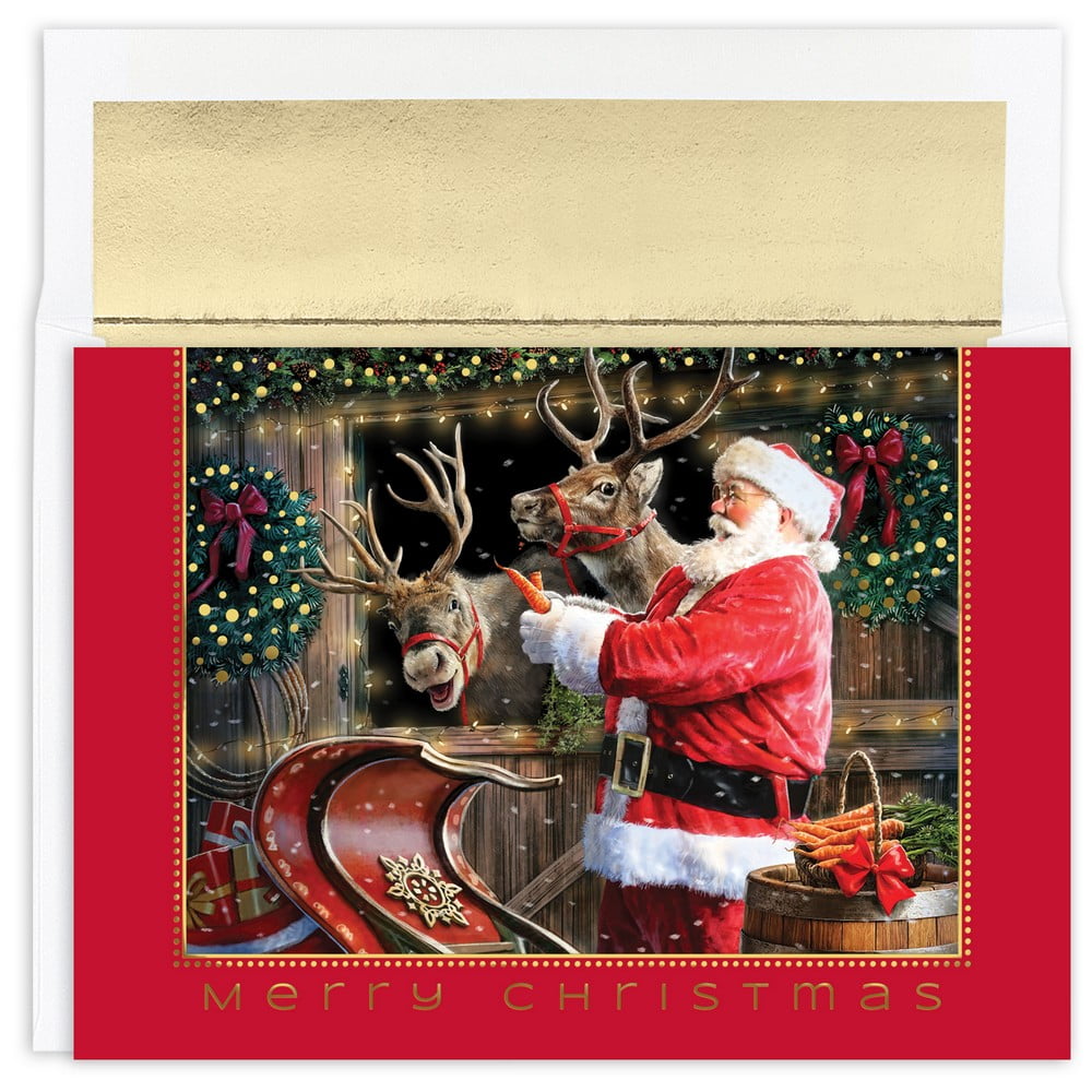JAM Paper Christmas Cards & Matching Envelopes Set, Santa And Reindeer