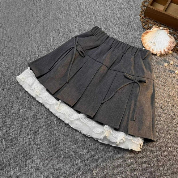 Cethrio Skirts for Girls 2025, Summer Elastic Waist Pleated Dance Mini Skirts with Liner Gray Size 10-12 T