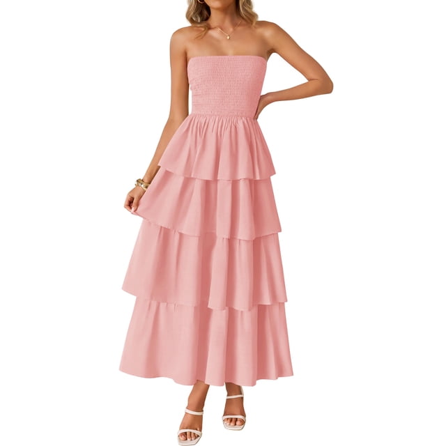 Vestido largo ZESICA Summer 2025 sin tirantes con hombros descubiertos rosa
