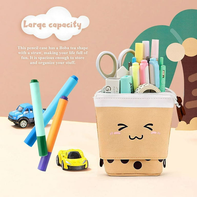 Hommtina Boba Pencil Case, Pop Up Pencil Box Makeup Pouch, Bubble Tea Pen Holder, Kawaii Stationary, Size: 3.07, Brown
