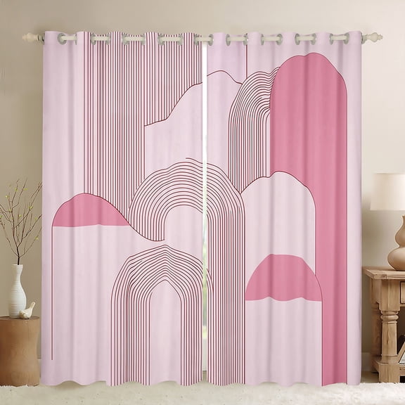 Manfei Geometric Lines Print Black Out Curtains,Retro Stripes Pattern Curtains Pack of 2 (42x63 Each),Girls Pink Circle Bedroom Curtains For Teens,Breathable Home Decor