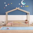 thumbnail image 2 of Twin Size Bed Frame, Wooden Montessori House Bed with Roof and Safety Guardrail, Natural, 2 of 7