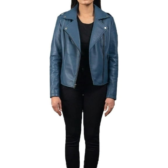 NEW HOT Women Blue Lambskin Real Leather Jacket Motorcycle Slim Fit Coat W350