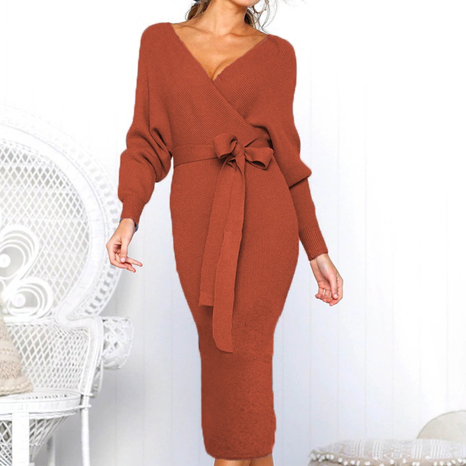 Knitted Sweater Wrap Midi Dress Womens Puff Long Sleeve V Neck Tie Waist Bodycon Split Pencil Dress with Belt (Small, Coffee)