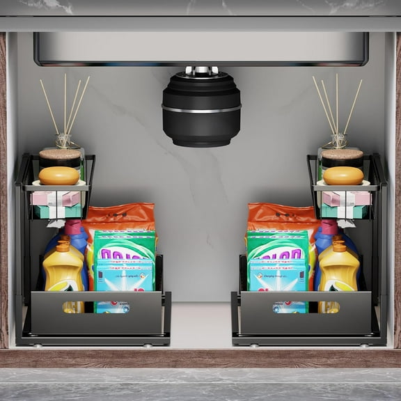 Under Sink Organizers and Storage 2 Tier Slide Out Kitchen Cabinet Organizer Sturdy Metal Bathroom Storage (Black, 2 Pack)