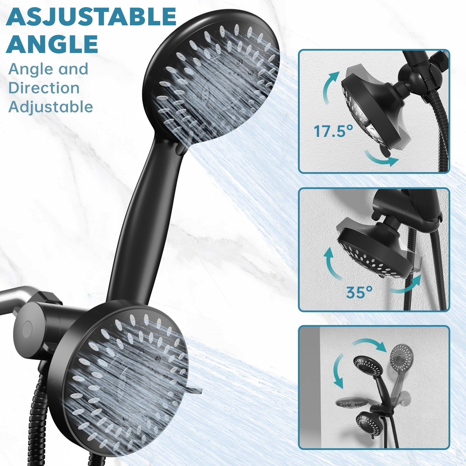 GPED High Pressure Dual Shower Head Combo, Premium 3 in 1 Handheld Shower Head Combo w/ 35 Settings & 60" Stainless Steel Hose, 3-Way Rainfall Showerhead with Durable Nozzles & Anti-Clog,Matte Black
