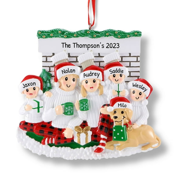 Ornaments by Elves Personalized Family of 5 with Pet Dog Fireplace Christmas Ornament 2024 .25lbs