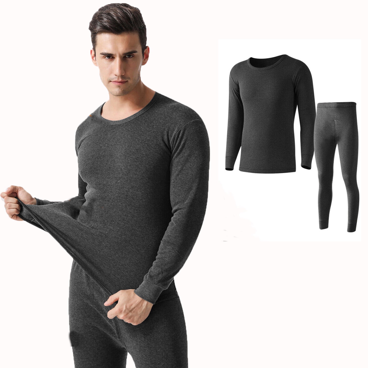 Set of 2 Men Warm Thermal Underwear Set Ultra Soft Long Johns Fleece Lined  Warm Base Layer Thermals Top and Bottom Set 