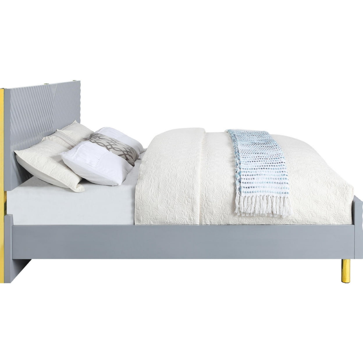 Tyra Modern Queen Bed, Panel Headboard, Textured Chevron, Slate Gray, Gold