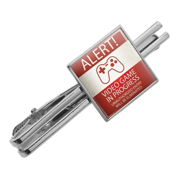 Alert Video Game In Progress Unauthorized Entry Eliminated Square Tie Bar Clip Clasp Tack- Silver or Gold