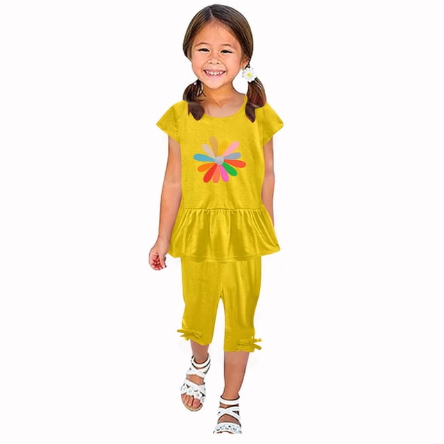 Chemises pour Filles, Ensemble Deux Pièces Été Col Rond Petit Imprimé Manches Courtes Manches Volantes Taille Élastique Pantalon Court