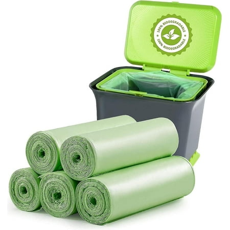 

Pack of 100 biodegradable and compostable bin bags for food household and pet waste in the kitchen office home and garden.
