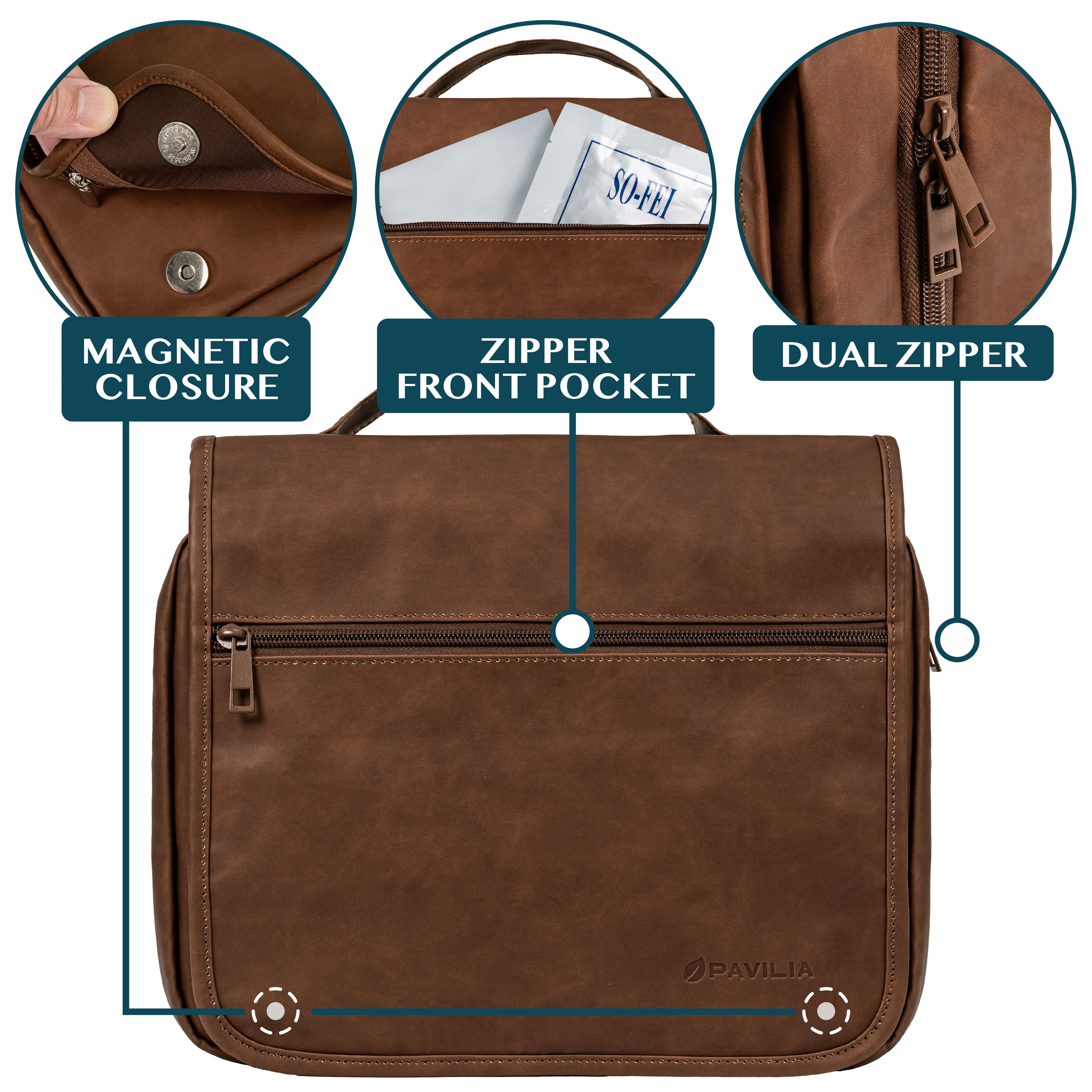 PAVILIA Hanging Toiletry Bag Women Men, Foldable Cosmetic Organizer Travel Bag, Water Resistant Makeup Bag Toiletries, Large Travel Essentials Kit (Dark Brown)
