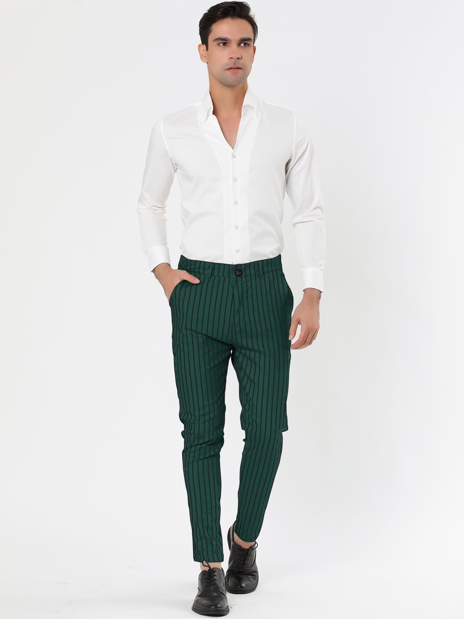 Unique Bargains Men's Striped Pants Slim Fit Flat Front Business Dress Trousers 32 Green Black