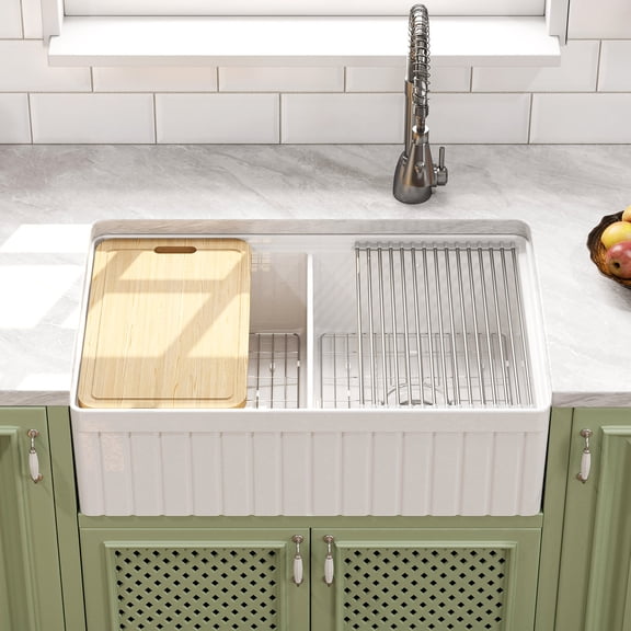 HOROW 33 in. Fireclay Double Bowl Farmhouse Apron Workstation Kitchen Sink in White with Cutting Board, Bottom Grid, Strainer