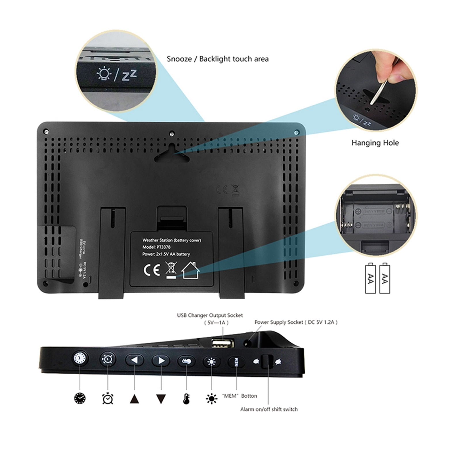Weather Station 3 Sensors Wireless Color LCD Display Humidity Weather Forecast RCC Snooze Alarm Clock Outdoor ,Easy to Operate