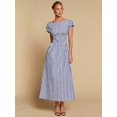 thumbnail image 4 of Blue And White Striped Off-Shoulder Cinched Waist Midi Dress For Women, 4 of 6