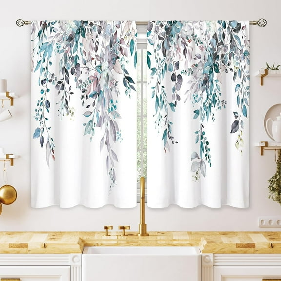 Blue Grey Eucalyptus Botanical Leaves Floral Kitchen Window Curtains Over Sink Farmhouse Flower Leaf Small Window Treatment Cafe Short Curtains for Bathroom Treatment Tier Drapes 26x24 inch