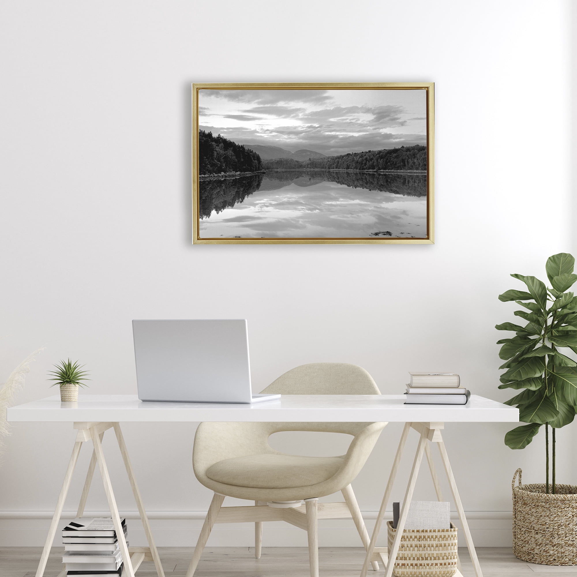 Stupell Industries Acadia Reflection in Monochrome Gold Framed Floater Canvas Wall Art, design by MJ Photography