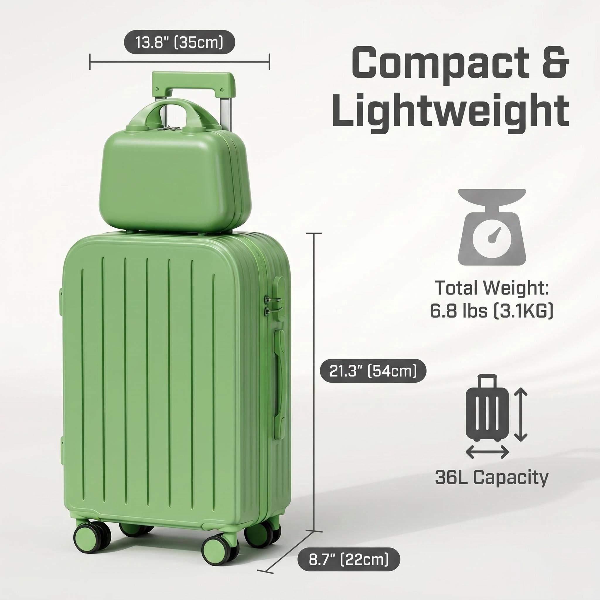 HEMXSZH 20 Inch ABS+PC Hardside Rolling Luggage with Handbag, Cup Holder & USB Port Suitcase, Green