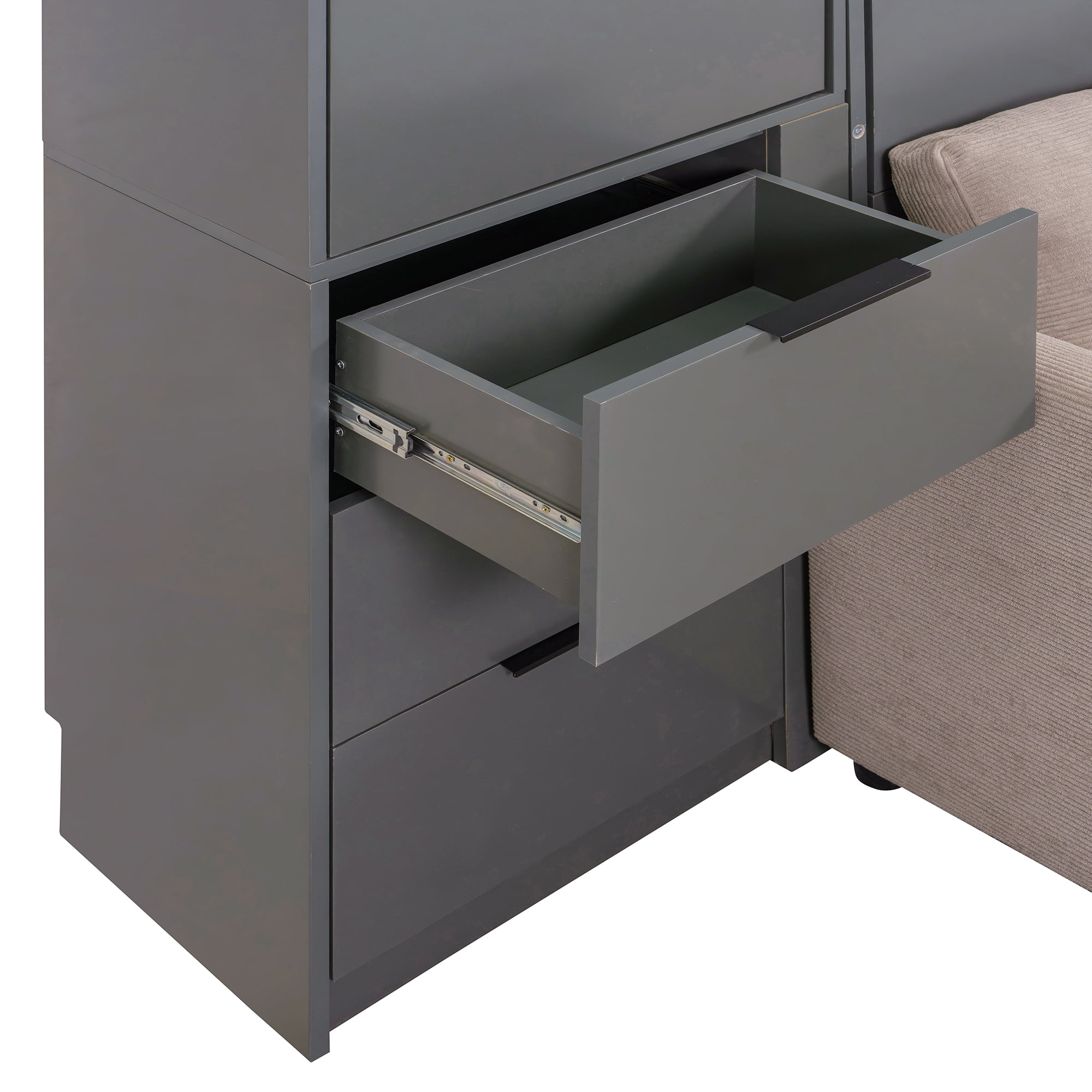 Queen Size Murphy Bed with Sofa, Writing Desk, Storage Shelves & Drawers, LED and USB for Small Space, Guest Room