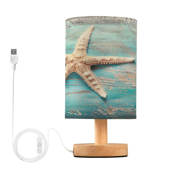 Retro Sea Star on Wood Bedside Table Lamp Desk Warm Lights with USB Charging Port Cylinder LED Lamps for Bedroom Living Room Office